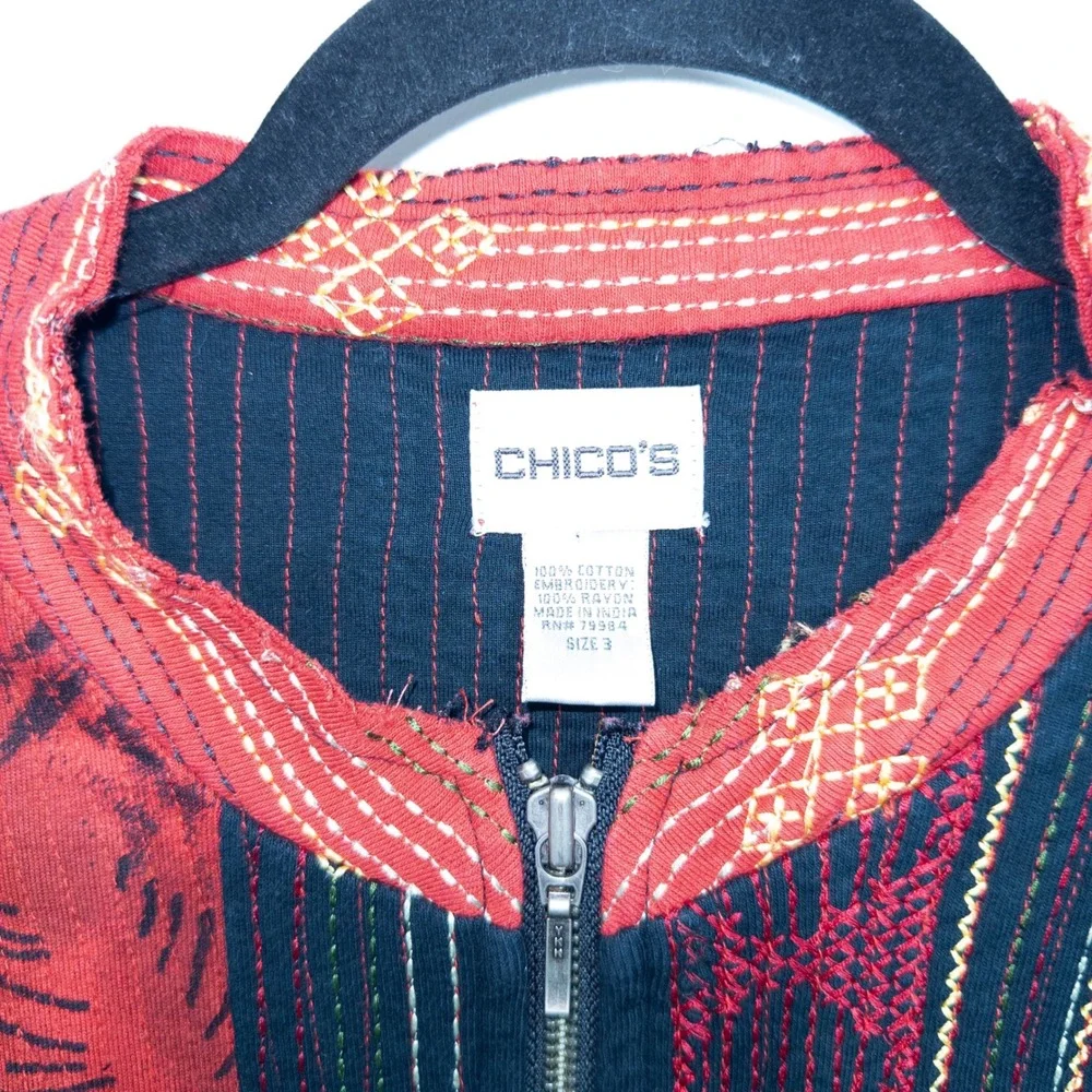 Chico's Red Indian‎ Kantha Quilt Embroidered Jacket Size 3 / XL